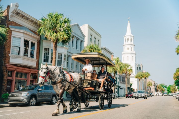 a man riding a horse drawn carriage on a city street
